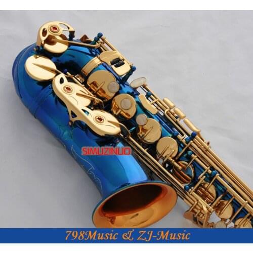 Blue Paint Gold Bell Alto saxophone Sax High F# Eb Keys saxofon With Case