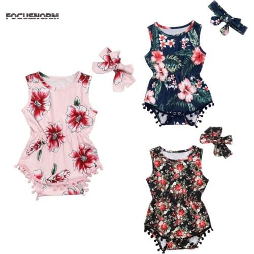 FOCUSNORM Infant Baby Girl Bodysuits Headband Flowers Print Sleeveless Tassel Jumpsuits 2pcs Outfits