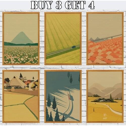 Cartoon Style Illustration Scenery Of All Seasons Wheat Field Kraft Paper Decorative Picture Wall Art Poster