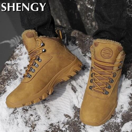 Men Shoes Winter Outdoor Anti-Skid Solid Color Lace-Up Suede Warm Plush Button Mens Shoes Casual Mature Males Snow Ankle Boots