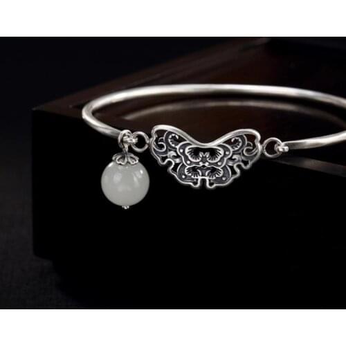 Original design natural Hetian jade butterfly carving craft bracelet China retro light luxury charm womens brand silver jewelry