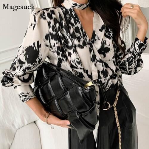 Autumn Single-Breasted Leopard Shirt Woman Korean Style Halter V-neck Lace-Up Women Blouse Fashion Office Lady Tops Blusas 13667