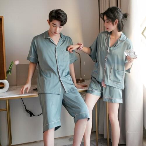 Summer Silk Couples Pajamas Set Short Sleeve With Pocket Shorts Sleepwear Men and Women Loose Style Home Suit Pjs