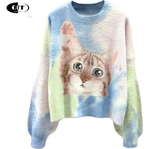 Women Fall Cartoon Animal Cat Embroidery Fluffy Pullover Knitting Sweater Female Warm Harajuku Sweet Kawaii Winter Clothes traf