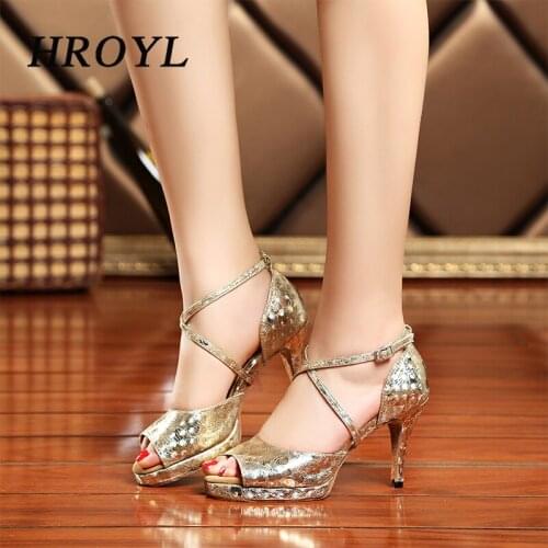 HROYL Latin dance shoes Women Flash Satin Gold Silver Black wide thin high heel 9cm Salsa Performance Ballroom dancing shoes
