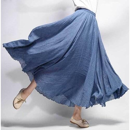 Feminina Elegant High Waist Linen Maxi Skirt Summer Ladies Casual Elastic Waist 2 Layers Skirts