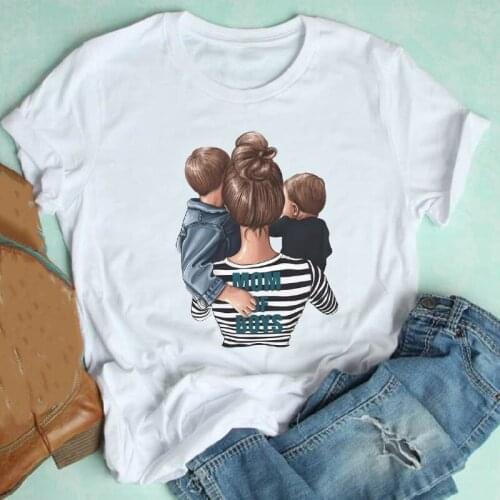Women Short Sleeve Striped Boys Sweet Fashion Love Cartoon Mom Mother Clothes Print Tshirt Female Tee Top Ladies Graphic T-shirt