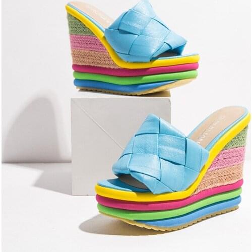 2021 Wedges Shoes for Women Retro Open Toe Ankle Platform Beach Sandals Plus Size Weave High Heels Buckle-Strap Roman Sandalias