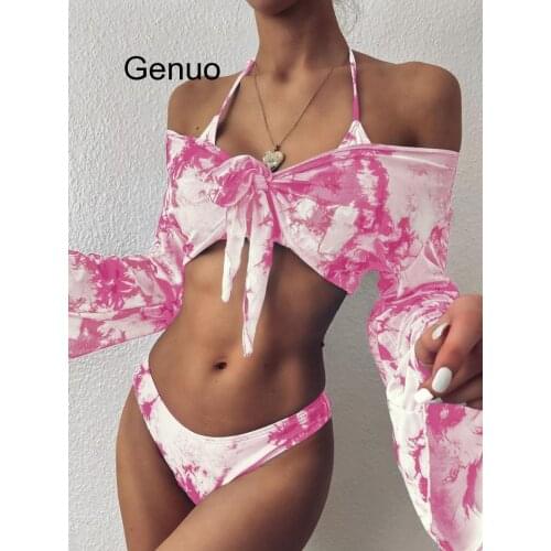 Ladies Sexy Mesh Long-sleeved Three-piece Tie Dye Bikini Summer Beach Vacation Swimsuit High-quality Swimwear