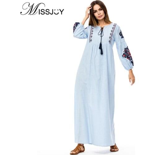 MISSJOY Autumn national wind lantern sleeve embroidery dress long sleeve round neck embroidered fashion women clothes long dress
