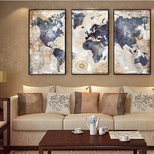 3Panels World Map Modular Canvas Painting on the Wall Vintage Posters and Prints Cuadros Art Pictures for Living Room Home Decor