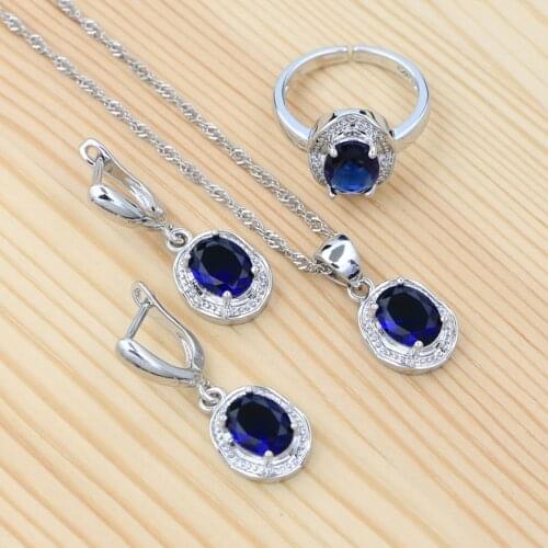 925 Sterling Silver Jewelry Set for Women Blue Cubic Zirconia Drop Earrings Ring Pendant Necklace Birthday Gifts for Women