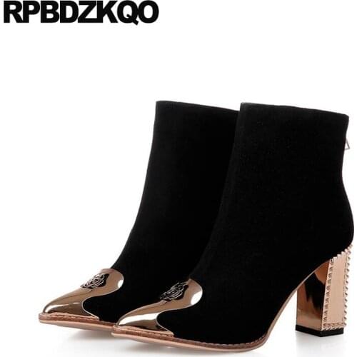 Booties Black Sheepskin Pointed Toe High Heel Zipper Short Boots Ladies Suede Flower 2017 Ankle Chunky Metal Designer Shoes