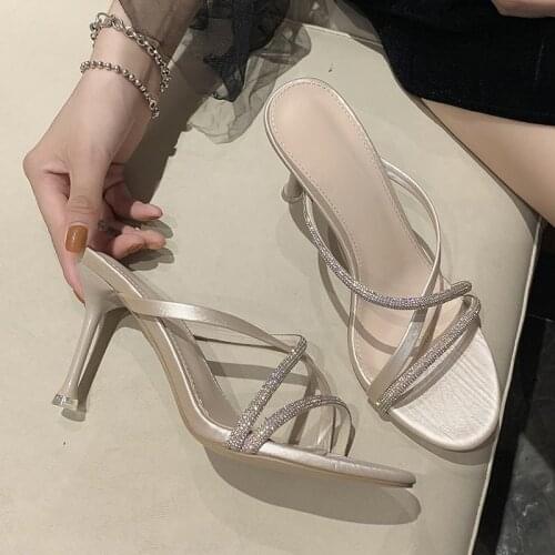 2021 Summer Fashion Blingbling Crystal Sandals Women High Heels Slippers Ladies Hot Sexy Thin Heels Slippers Elegant Shoes