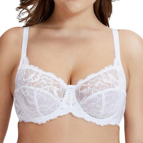 Plus Size Womens Full Coverage Non-padded Underwired U back Lace Sheer Balconette Unlined Bra 34 36 38 40 42 44 D DD E F G H