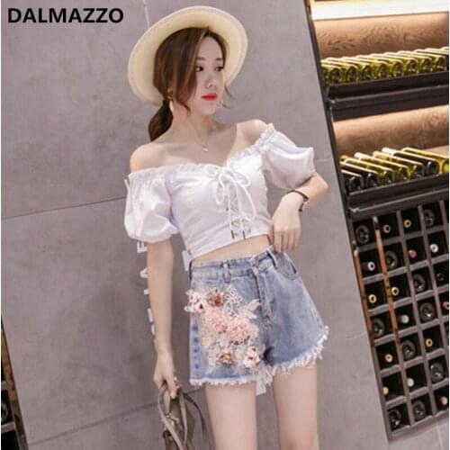 DALMAZZO 2 Pieces Hot Pants Set for Women Students Fashion Short Sleeve Flower T Shirt Tops + Tassel Denim Shorts Suit 2021 New