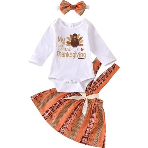 Thanksgiving Day Chicken Children Round Collar Romper Suit Long Sleeve Orange Strap Dress Autumn Clothing with Bow Headdress