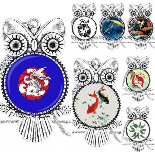 EJ Glaze Koi Fish For Girls Bronze Color Glass Cabochon With Owl Shaped Pendant Choker Necklace