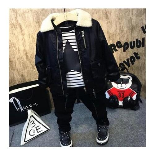 Childrens Clothing Boy Winter Set Boy Sweatshirts Casual Suits Child Faux leather coat+Thicken T-shirt +Thick jeans 3pcs Sets