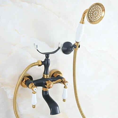 Oil Rubbed & Gold Brass Two Handle Wall Mounted Bathroom Bath Tub Faucet Set with 150CM Hand Held Shower Spray Mixer Tap 2na567