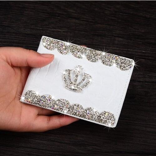 Sticky Rhinestone ID Photo Case Diamond Crown Business Card Driver license Holder Leather Bank Card Storage for Womon Girls