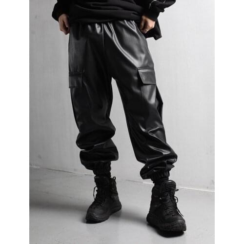 Mens pants new fashion trend leather tooling jogging pants legging function mens pants loose large pants