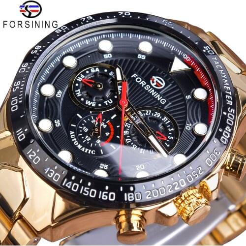 Forsining Automatic Self Wind Mechanical Male Watches Golden Steel Strap Calendar Display Classic High Quality Sport Watch Clock