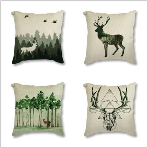 Watercolor Forest Deer Printed Square Pillowcase Throw Pillow Case Nordic Linen Cotton Cushion Cover Sofa Decorative Cushion