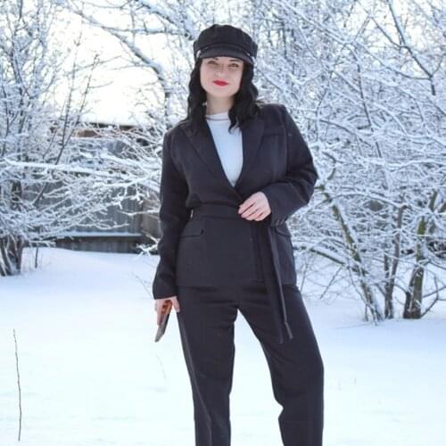 New Thin Long Sleeved Tie Wide Leg Pants Fasten Strip Elegant Dark Blue Women Suit , 2 Piece Set Pants , Suits for Women