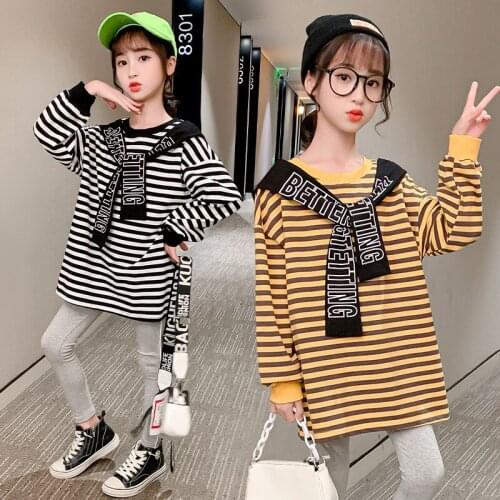 Girl Autumn Sets 2021 Childrens Cotton Fashion Letter Shawl Stripe T-Shirt+Leggings Casual Clothing Sets Child Clothes For Girl
