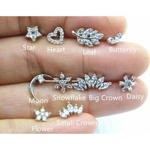 Lot50pcs Body Jewelry- Heart/Daisy/Flower CZ Ear Studs/Earring Helix Bar Upper Earring Body Piercing Tragus Diath Earring 16g