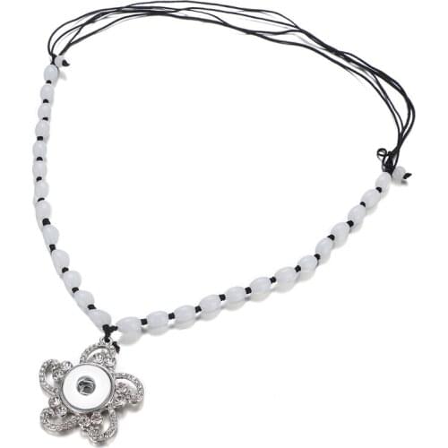 Fashion Flower Rhinestone pendant snap necklace Beads Rope chain adjustable fit 18MM snap buttons snap jewelry DJ0006