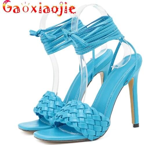 Weave Sandals Women 2021 Summer New Fashion Ankle Lace-Up Thin Heels 12CM Peep Toe Non-slip Women Slippers Model Catwalk Shoes