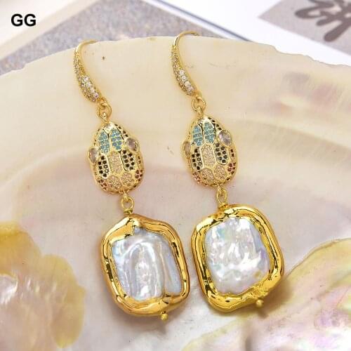 GuaiGuai Jewelry 24MM Cultured White Square Keshi Pearl CZ Pave Hook Earrings