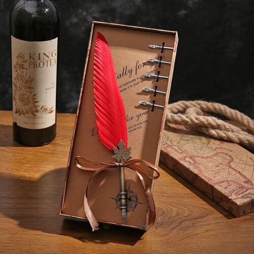 Vintage Feather Pen Gift Box Set Students English Calligraphy Writing Fountain Pen Luxury business gift Office Stationery 5 Nib