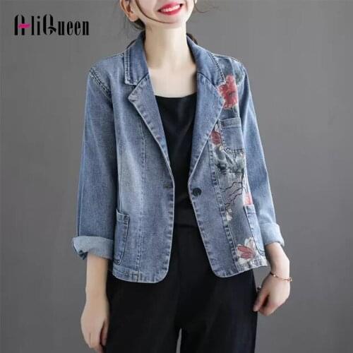 Vintage Female Floral Print Noched Blazer Denim Jacket Chaquetas Mujer Blue Outerwear Woman Coats Jean Jackets Plus Size 4XL
