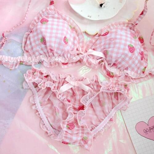 Japanese Lolita WomenS Strawberry Print Bra Set Kawaii Sweet Girl Bras Briefs Underwear Set Cute Women Bra And Panty Set 2021