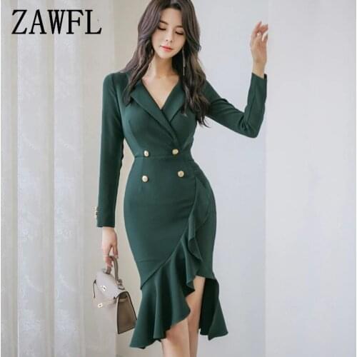 ZAWFL 2021 Spring Vintage Double-breasted Ruffles Pencil Dress Women OL Notched Collar Irregular Female Bodycon Vestidos