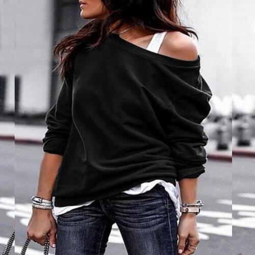 Women Hoodie Sports Tops Plain One Shoulder Pullover Sweatshirt Chic Sweet Girls Loose Long Sleeve Ribbed Hem Lady Fancy Outwear