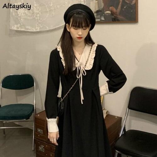 Dresses Women Black Fashion Vintage Patchwork Midi Elegant Popular All-match Korean Style Classy College Ladies Clothing V-Neck