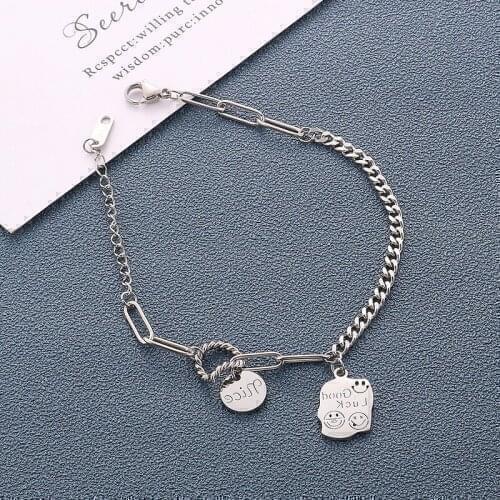 Trendy Leisure Style Cartoon Smile Face Good Luck Tag Pendant Stainless Steel Women Bracelets Female Birthday Gift Jewelry Femme