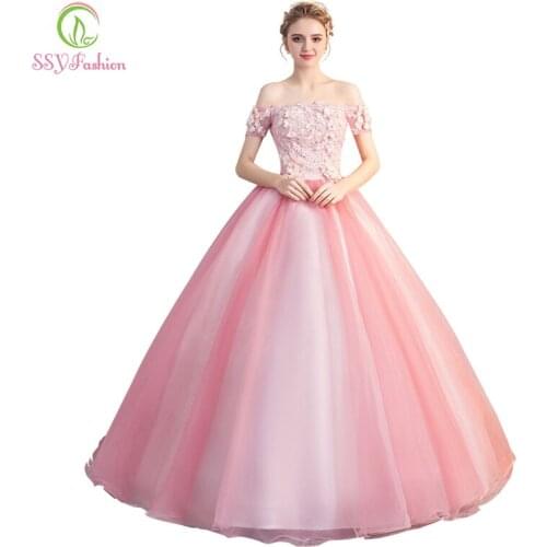 SSYFashion New Pink Lace Prom Dress Sweet Flower Appliques A-line Floor-length Evening Party Gown Formal Dresses Robe De Soiree
