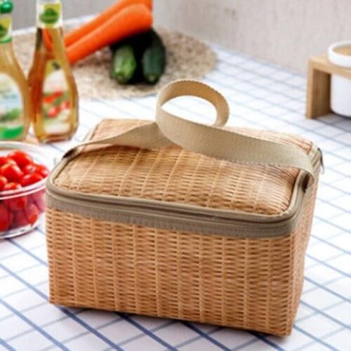 2Pcs Portable Imitation Rattan Lunch Bags Insulated Thermal Cooler Lunch Box Tote Storage Bag Container Food Picnic Bag