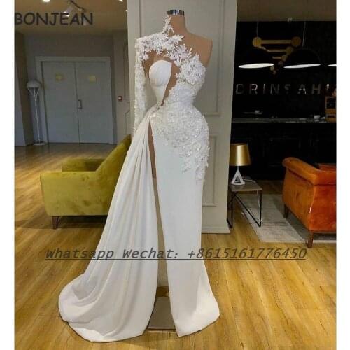 2021 White Evening Dress Long One Shoulder Lace Appliques Floor Length Split Elastic Satin Evening Prom Party Gowns