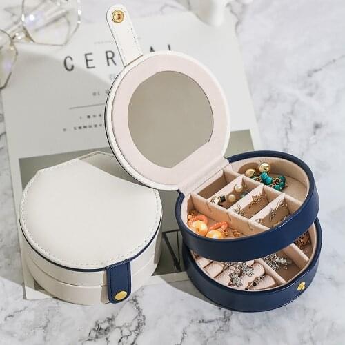 2021 Portable PU Leather Jewelry Box Fashion Jewelry Set Storage Box Travel Moving Mirror Hollow Stud Earrings Makeup Organizer