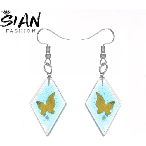 SIAN Fluorescent Color Butterfly Pattern Earrings Rhombus Transparent Glass Surface Art Design Style Jewelry Trinkets for Women