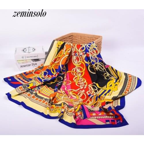 Free Shipping Women Silk Shawl Scarf Bandana New Design Print Chain Pattern Wraps Scarves Spring 130*130cm Satin Scarf Hijab