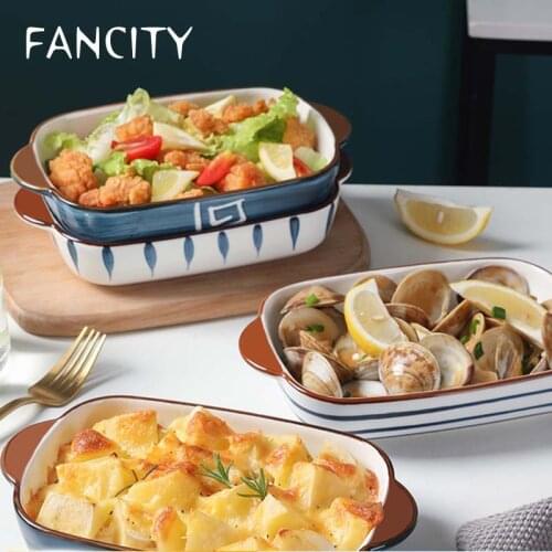 FANCITY Binaural baking dish, fruit salad dish, household rectangular ceramic baking bowl, special cheese baked rice dish for ov