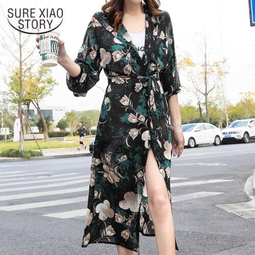 Summer Sun Protection Women Long Blouses Super Thin Floral Chiffon Cardigan Long Sleeve Loose Flower Print Blouse Shirts 9119 50