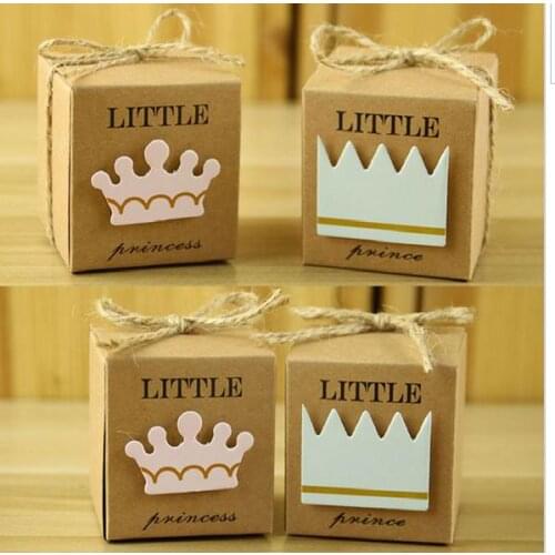 50pcs Little Prince Princess Kraft Paper candy box with Twine Bow Pack Birthday girl Baby Shower Favors Kids Gifts for Guest